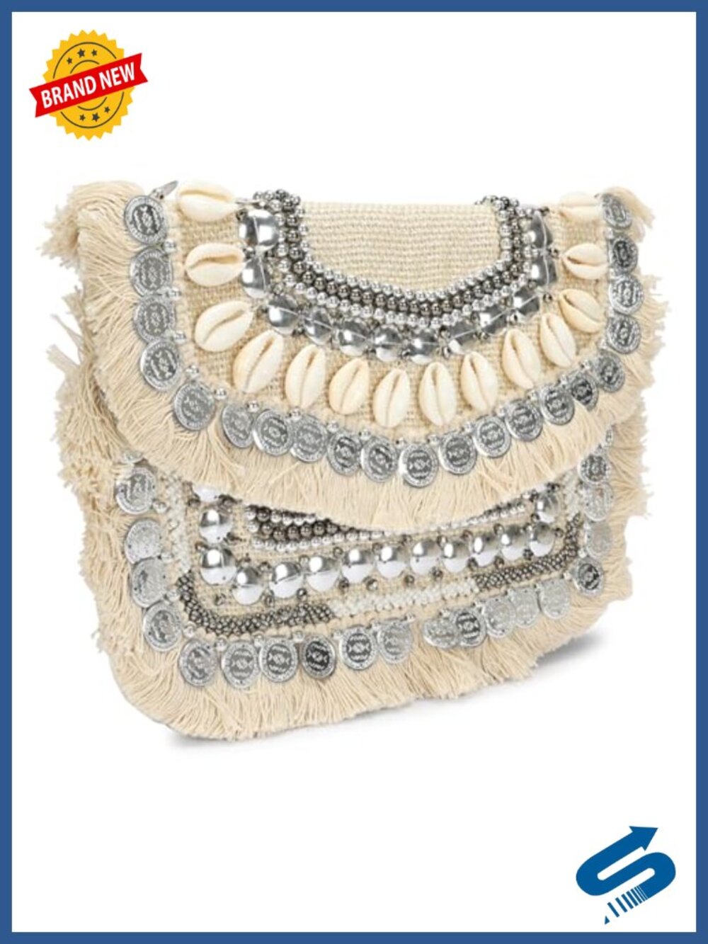 Woven Box Clutch Shell Coin Embellished Detachable Chain Crossbody Bag